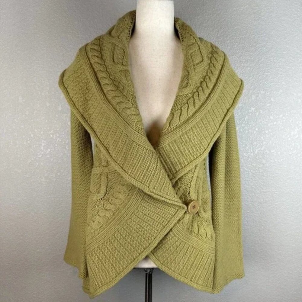 Sundance Women's Cable Knit Wrap Cardigan Sweater M Green 100% Merino Well